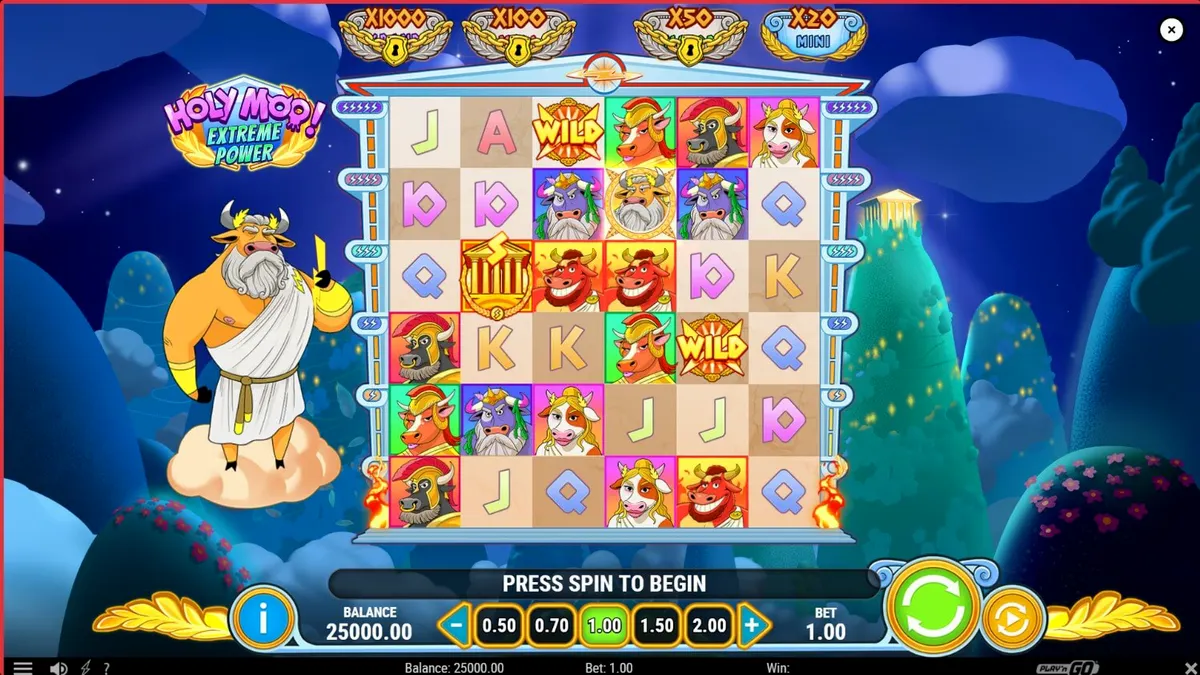 Tampilan visual slot Holy Moo! Extreme Power dengan karakter sapi dewa