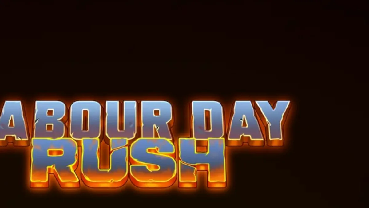 Tampilan visual slot Labour Day Rush dengan elemen mesin pabrik dan alat kerja.